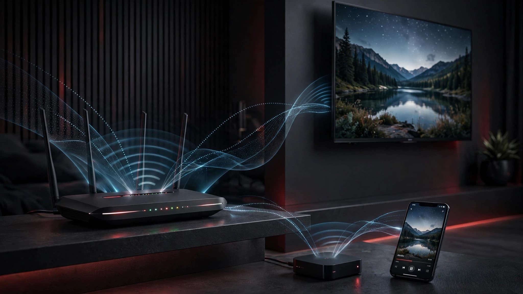 IPTV Technologie: Router und Streaming-Box verbinden sich kabellos mit Fernseher und Smartphone